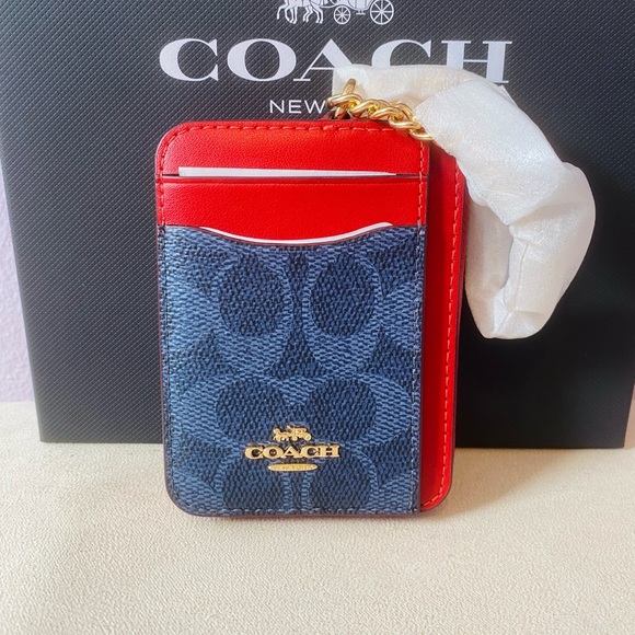 Coach Handbags - Coach Zip Card Case in Signature Canvas Denim/Bold Red